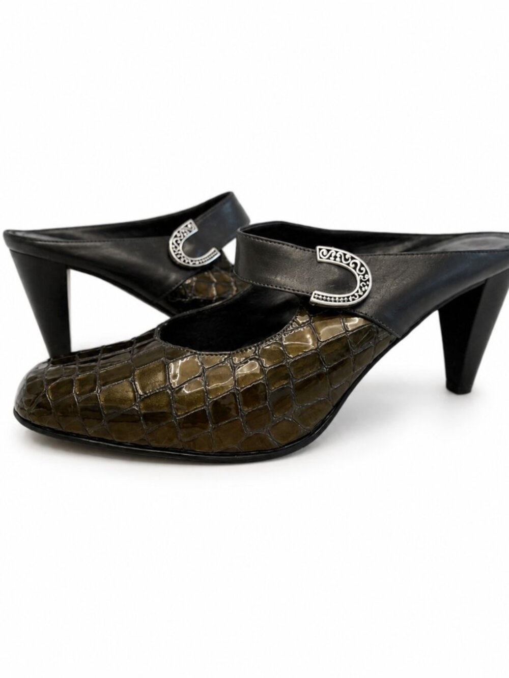 Vintage Brighton Olive Green Croc‎ Embossed Mary Jane Mules Size 10